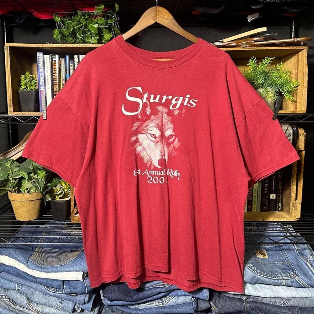 Vintage Y2K Sturgis Bike Rally Boxy Tee Shirt Maroon Wolf Biker Mens 2XL Animal